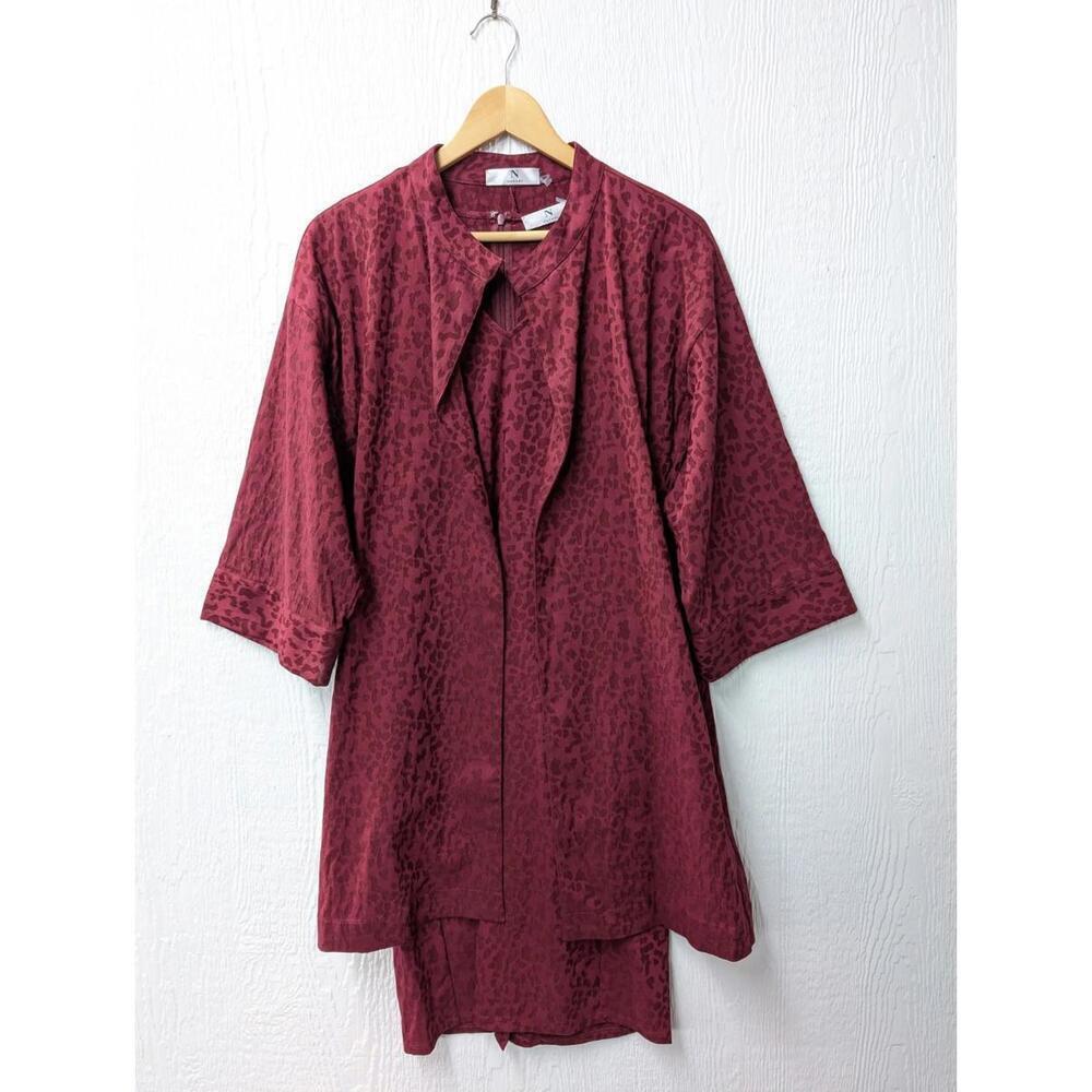 NWT Natori 3 Piece Set Dress Pants Duster Burgundy Leopard Stretchy Large 12